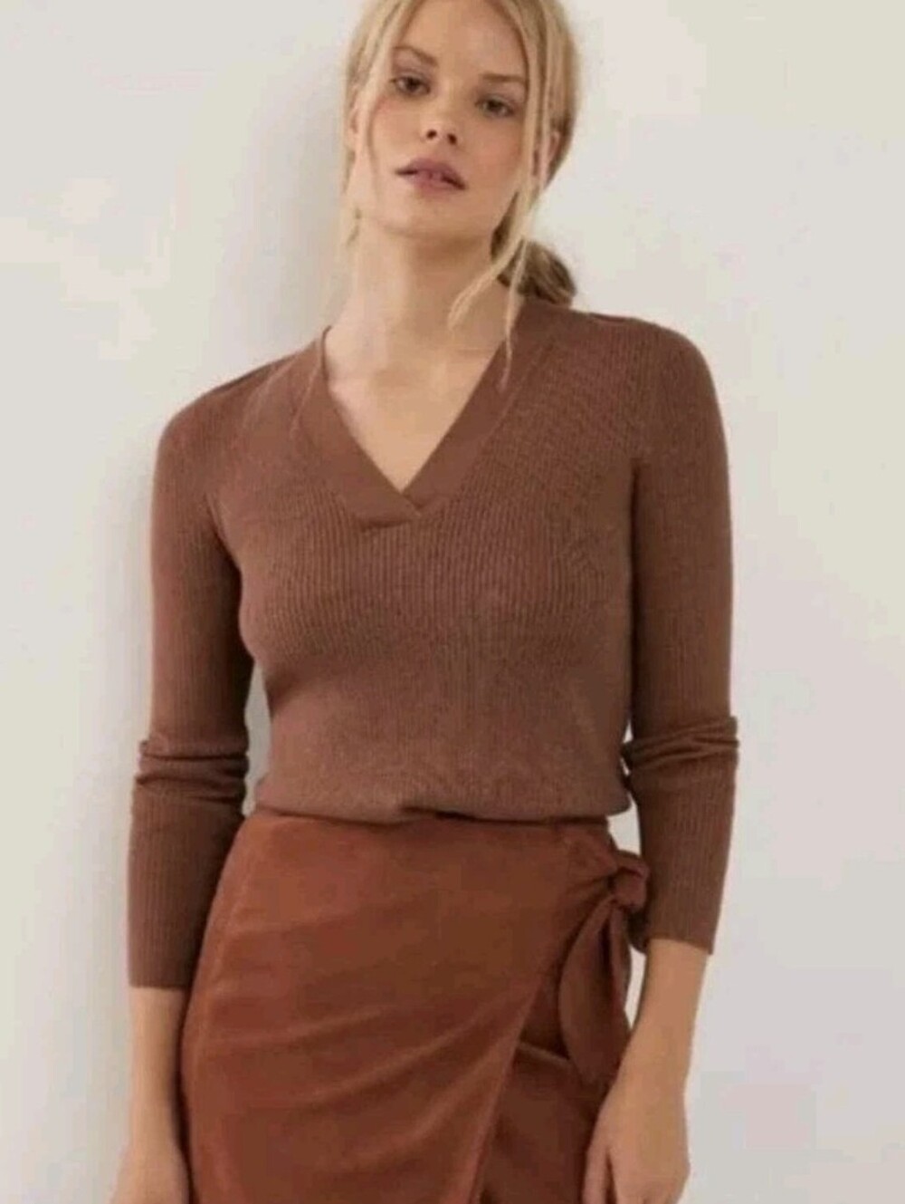Anthropologie Maeve Thea Sweater Brown V-Neck Ribbed Metallic Sparkle Knit Sz S